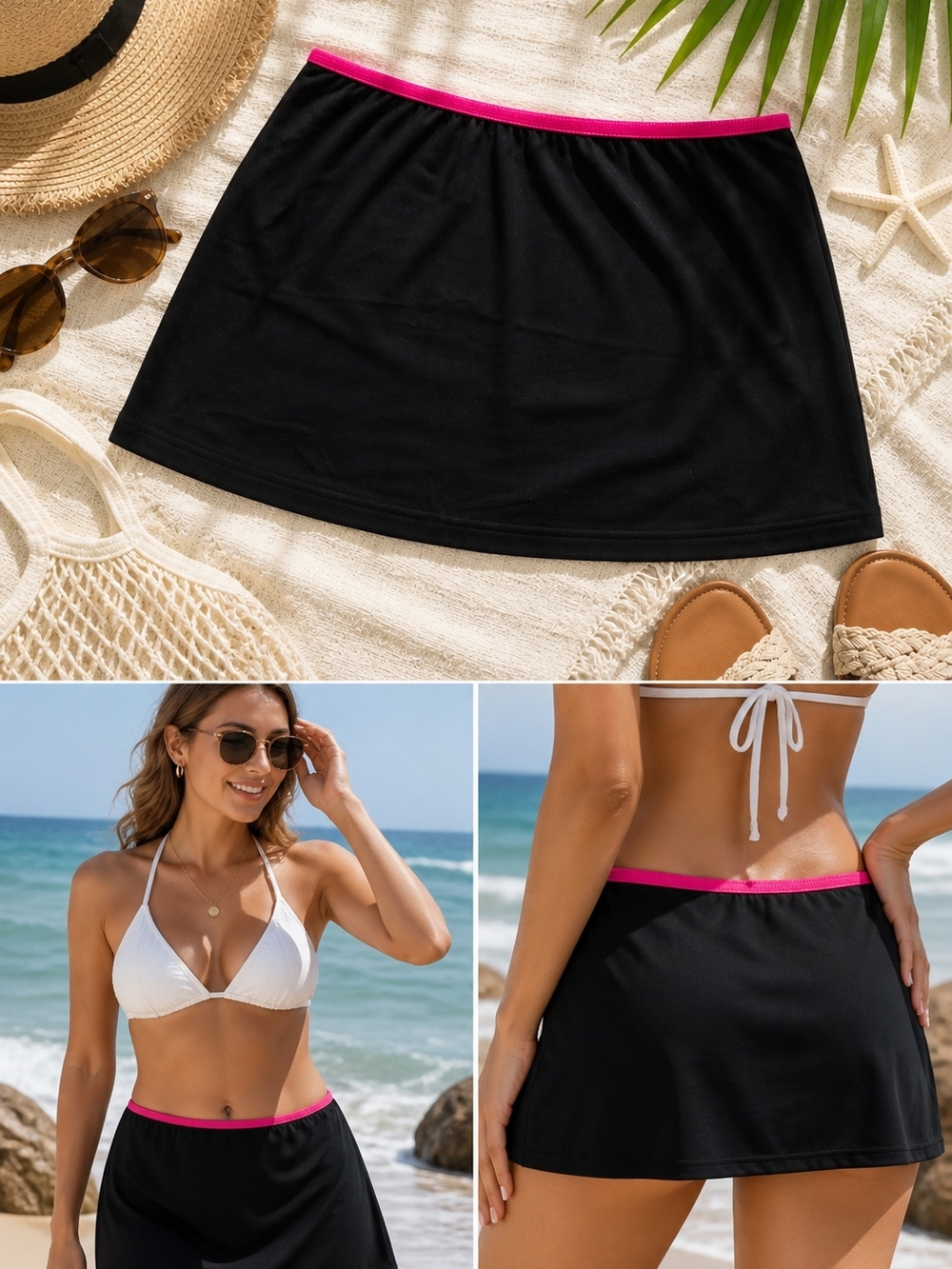Lily’s of Beverly Hills Swim Skirt Cover Up Size L Black Pink Trim Beach Pool